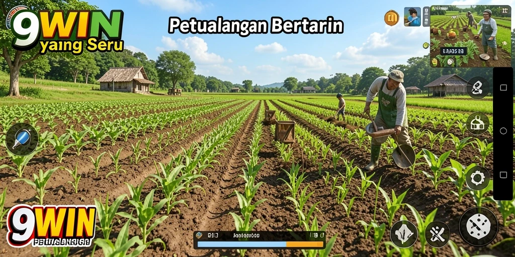 Tampilan gameplay 9WIN menunjukkan aktivitas bertani yang seru dan interaktif.