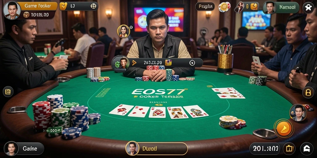 Screenshot gameplay EOS77 menunjukkan momen seru bermain Poker.