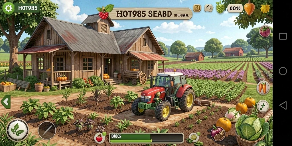 Tampilan gameplay seru dari HOT985 yang menampilkan aktivitas pertanian.