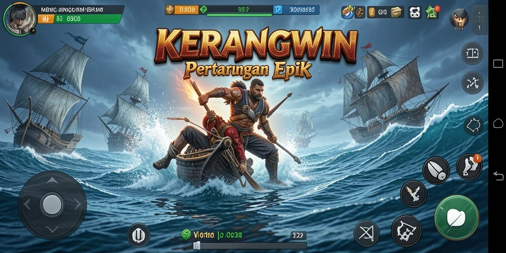 Tangkapan layar gameplay KERANGWIN menampilkan pertarungan seru di arena laut.