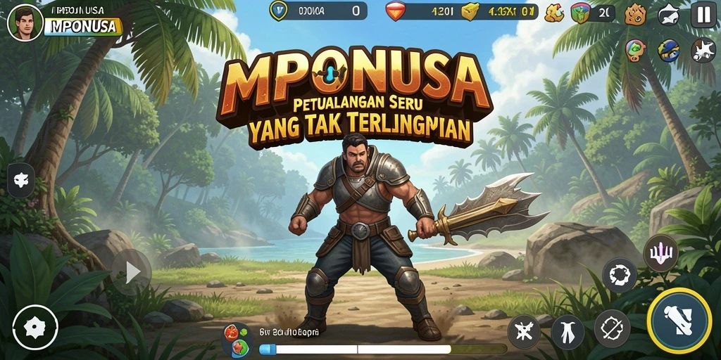 Tangkapan layar utama gameplay MPONUSA menampilkan petualangan seru di dunia yang penuh misteri.