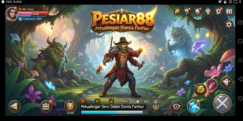 Screenshot gameplay PESIAR88 yang menunjukkan pertarungan epik di dunia fantasi.