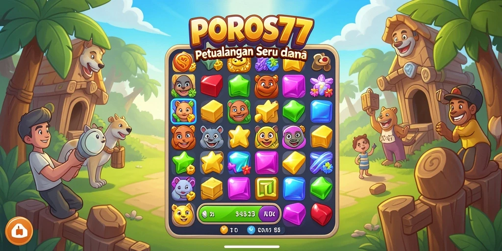 Tampilan gameplay seru dalam POROS77, mencocokkan elemen dengan strategi.