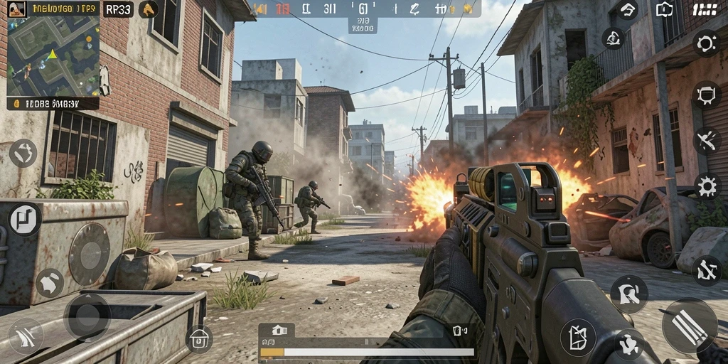 Screenshot gameplay RR33 dengan aksi bertempur yang intens.
