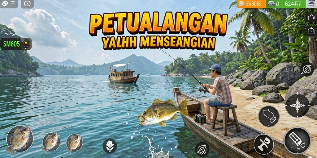Screenshot gameplay SM605 menampilkan keseruan memancing di laut yang indah.